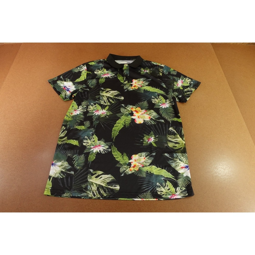 American Stitch Mens Large Black Green Floral Sports Performance Polo Shirt NWT